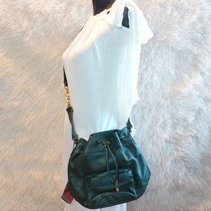 Vintage Saddle River Dark Green Draw String Leather Bucket Crossbody Bag